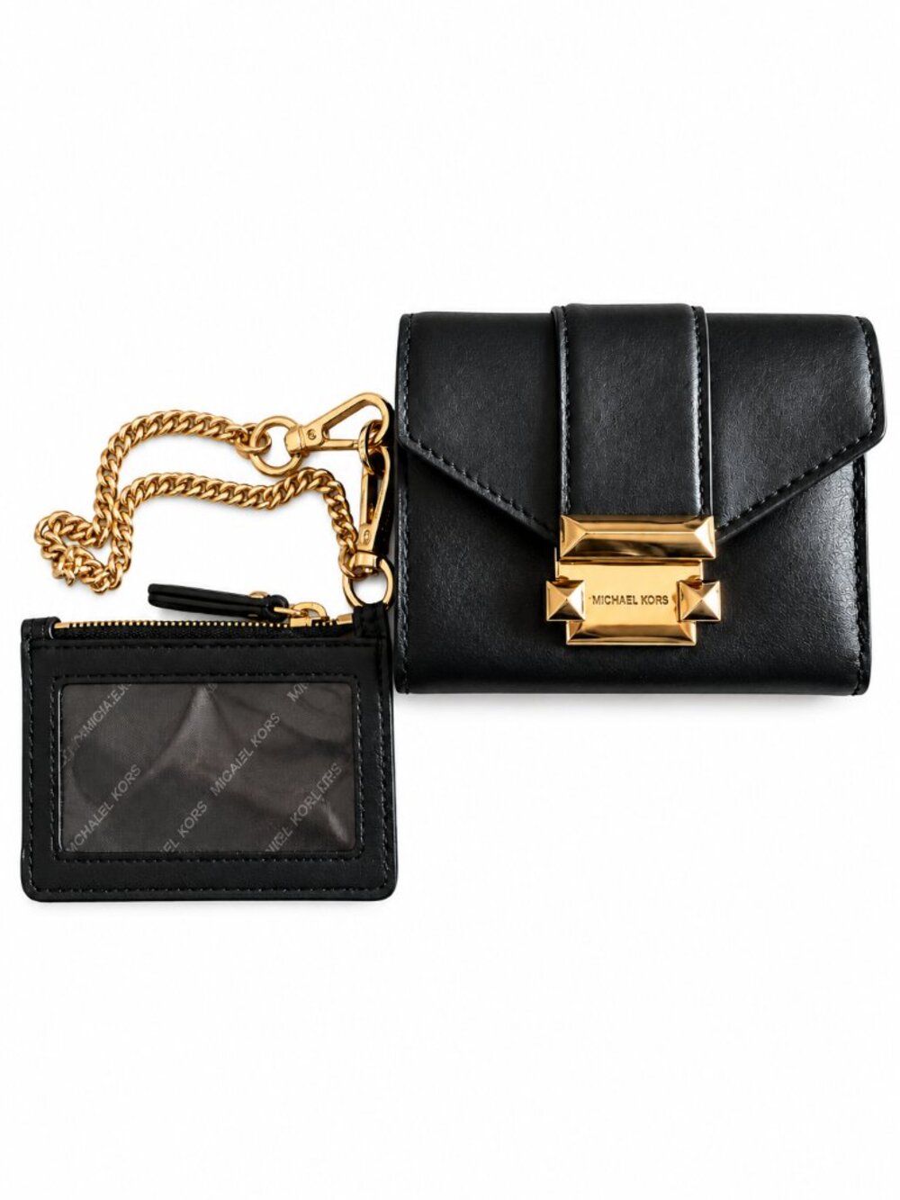 Michael Kors Black Leather Flap Mini Wallet Card Holder Chain Set